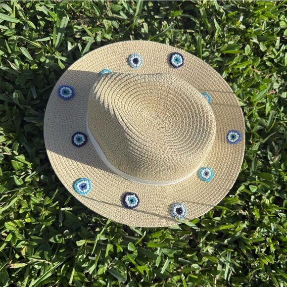 Hand Beaded BRAND NEW Straw Hat with Blue Accents NWT White Trim main image 3